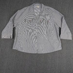 TIA DESIGNS WOMEN BLACK WHITE PINSTRIPE RHINESTONE PENGUIN HOLIDAY BUTTON UP 2X
